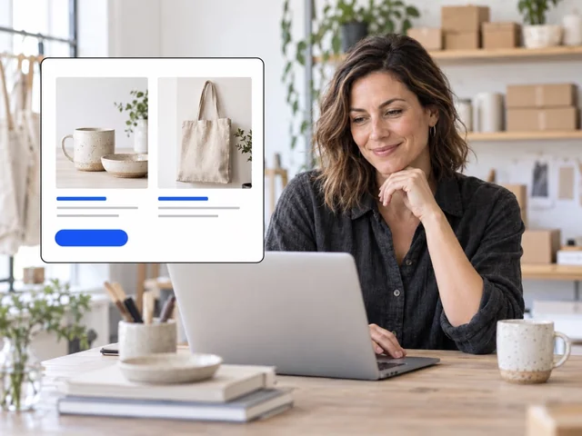 Illustratives E-Commerce-Motiv: Shopbetreiberin am Laptop mit grafischer Produktübersicht